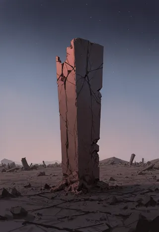 A single huge broken monolith with asymmetric shape and visible cracks stands upright on a cracked ground under a clear sky with subtle sunlight and a cosmic background.