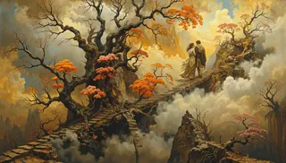 A romantic couple walking hand in hand along a floating stone staircase in a surreal fantasy landscape with gnarled autumn trees and misty mountains.
