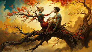 Romantic couple with tattooed bodies sitting on a twisted tree branch with orange autumn leaves against a dramatic golden sunset sky
