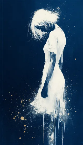 Abstract silhouette of a melancholic young woman with white flowing dress and chaotic white hair on a deep navy blue background with gold specks.