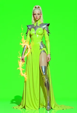 Digital artwork of a confident female anime model wearing a neon green bodysuit with metallic silver boots, holding a fiery rope, set against a matching neon green background.