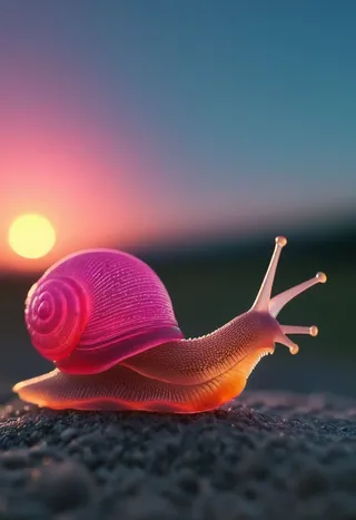 Close-up photorealistic snail with neon pink subsurface scattering shell against a sunset background, showcasing cinematic shallow depth of field and atmospheric lighting.