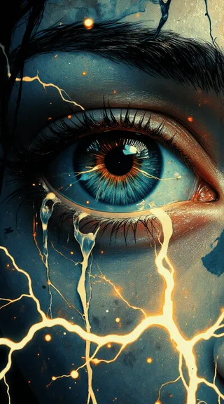 Close-up digital painting of a human eye with stormy cerulean irises showing red vortex patterns, illuminated by jagged white lightning and neon-yellow electrical glows on tear-tracks.