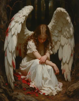 A highly detailed oil painting of a fallen angel girl with large white wings stained with blood, sitting huddled in a dark forest with moonlight filtering through the trees.