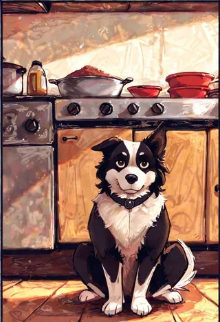 Colored pencil illustration of a black and white border collie sitting on a wood floor in a kitchen, looking at the viewer with an empty dog dish nearby.