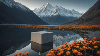Tranquil landscape featuring a modern concrete cube surrounded by bright orange flowers with snow-capped mountains reflecting in calm water.