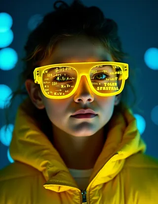 Close-up portrait of a young teen wearing glowing yellow translucent glasses and a yellow puffer jacket with mathematical equations projected on face and glasses against a blue bokeh background.