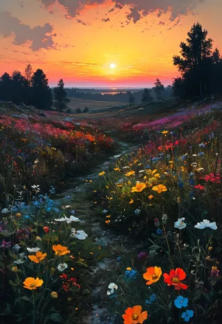 A vibrant autumn sunset over a wildflower meadow with a colorful path winding through bright flowers framed by dark trees under a partly cloudy sky.