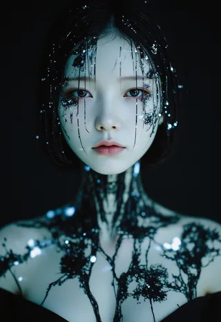 A minimalist gothic portrait of a pale-skinned digital oracle with circuit fractals on her skin, bioluminescent tears, and black cyber foliage, against a dark background.