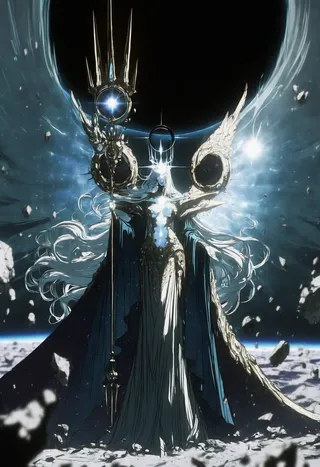 A celestial goddess with long flowing silver hair, glowing crown, and metallic robes stands floating in space surrounded by shattered moon debris and glowing cosmic elements.