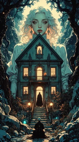 Ethereal spirit with wavy white hair and glowing eyes behind an ornate house in a magical cave setting with dark worshippers and glowing crystals.