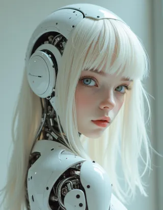 Close-up portrait of a cyborg girl with white ceramic robotic parts, platinum blond hair, blue eyes, and mechanical inner components, looking bashfully over her shoulder.