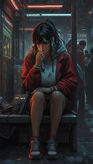 A young woman in a red jacket sits contemplatively in a futuristic neon-lit subway station, surrounded by a moody cyberpunk urban environment.