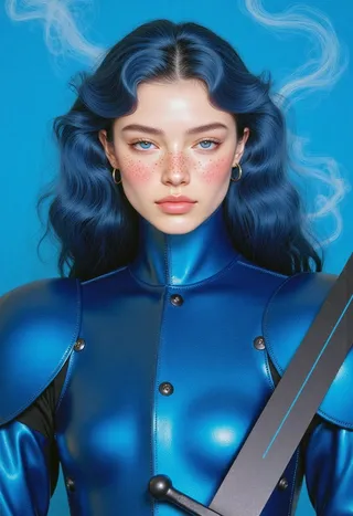 Hyper-realistic portrait of a young woman with pale skin, freckles, blue eyes, and long indigo wavy hair wearing reflective cobalt blue segmented armor against a matching vibrant blue background, holding a sword.