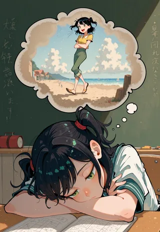 A bored schoolgirl with black hair and green eyes rests her head on a desk in a classroom, imagining a happy version of herself on a sunny beach inside a thought bubble.