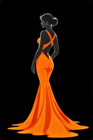 Graceful woman in a sleek minimalist vector style wearing a vibrant orange gown with a flowing hemline, standing against a deep black backdrop.