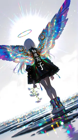 A glowing angel with long white hair wearing a black dress, iridescent rainbow-colored wings, a floating rainbow halo, holding small white flowers, standing on reflective ground with bokeh lights.
