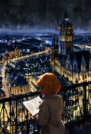 A detailed night cityscape of London featuring Big Ben illuminated, with a character with orange hair standing behind a balcony railing, overlooking the urban skyline and river Thames.