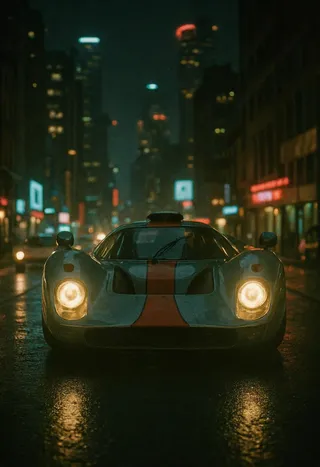 A vintage racing car with headlights on parked on a wet city street at midnight, illuminated by neon night lights in a 1970s megalopolis.