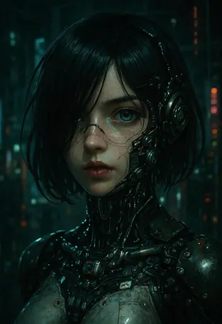 Close-up of a cyberpunk girl with short black hair and glowing cybernetics, rendered in a dark cyberpunk city setting with film grain and bokeh effects.