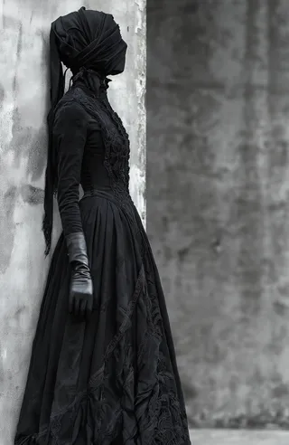 Person in a dark Victorian-style black dress with intricate lacework, black leather gloves, and a matching headscarf standing against a weathered concrete wall.