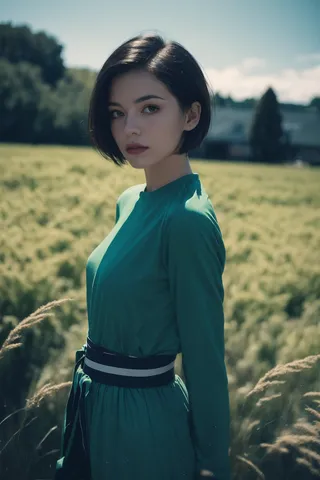 Portrait of a woman with short dark hair wearing a green dress standing waist-up in a sunlit green field with soft film grain and high contrast lighting.