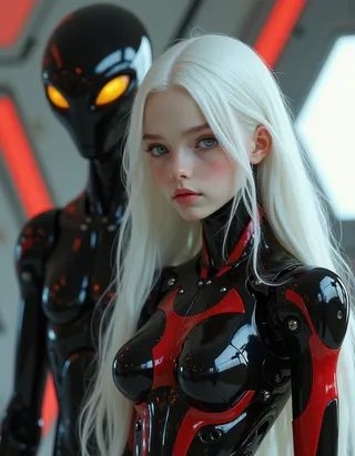 Portrait of an awkwardly beautiful android girl with platinum white hair and blue eyes wearing glossy black and red robotic armor standing in a futuristic spaceship with a dark alien with glowing yellow eyes behind her.