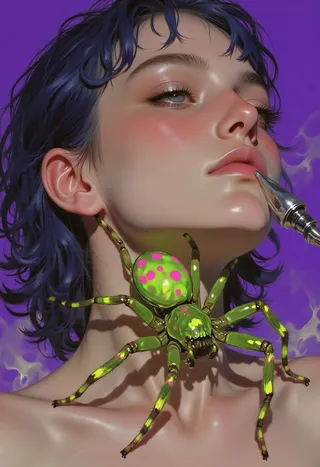 A semi-realistic digital painting of a pale-skinned androgynous individual with short wet midnight-blue hair, head tilted back, eyes closed, and a vibrant emerald-green spider with neon pink dots crawling on their neck, against a deep violet background.