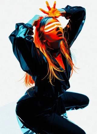 A realistic woman wearing glossy black glass-like clothing, with orange and teal lighting effects highlighting her long blonde hair and face, featuring holographic blue graphics and digital glitch effects over her eyes.