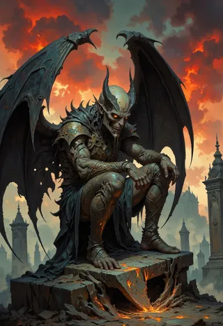 Demonic fallen dark angel with broken black wings crouching on cracked stone in an old graveyard, glowing red eyes and fiery orange sky in background