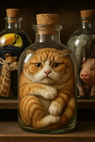 An orange and white tabby cat tightly curled and trapped inside a corked glass bottle, surrounded by other corked bottles containing different animals.