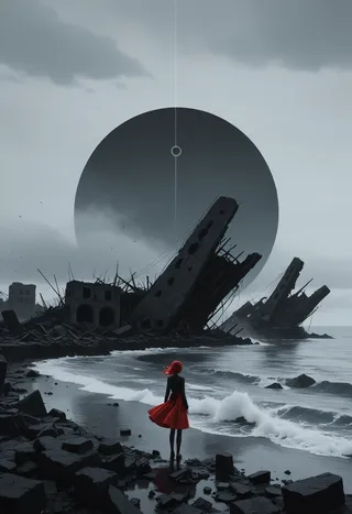 A windy black shore with dark ruins and black rocks under a grey foggy sky, featuring a striking circle in the sky and a figure wearing a red dress with a red ribbon.