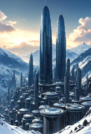 A digital rendering of a futuristic city featuring tall, cylindrical glass towers surrounded by snowy mountains under a dramatic sky at sunset.