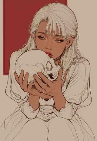 Close up portrait of a seductive girl with white hair and soft tanned skin, holding and kissing a skull, wearing a white warrior dress against a muted background with red accent.