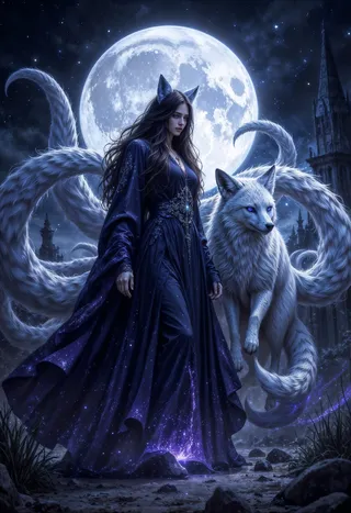 A mystical Moonshadow Enchantress in a flowing midnight silk robe adorned with starlight stands beside a glowing celestial nine-tailed fox under a bright full moon.