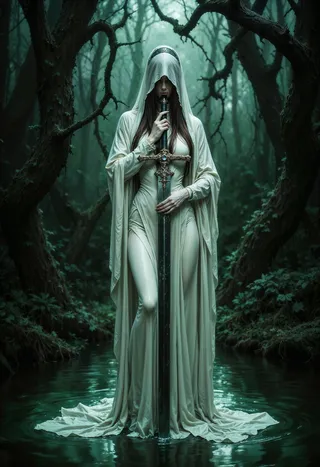 A mystical woman with pale skin and long dark hair stands in a dark forest, cloaked in flowing white fabric and holding an ornate sword with a veil obscuring her face, surrounded by fog and reflective water.