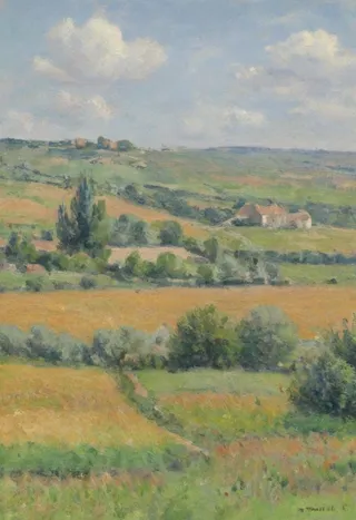 Impressionist painting of farmland with fields ready for harvest, gentle hills, soft clouds, and a distant village under morning light.