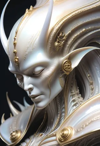 Closeup photorealistic bas relief sculpture of a king vampire alien with intricate mother of pearl iridescence and shiny gold accents on porcelain, in the style of Giger.