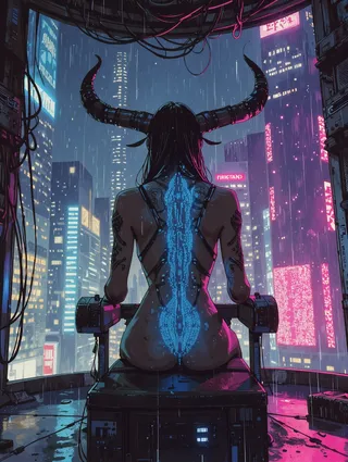 A cyberpunk data-wraith with carbon-fiber horns and bioluminescent tattoos sits in a high-tech server room overlooking a rainy neon-lit futuristic city.