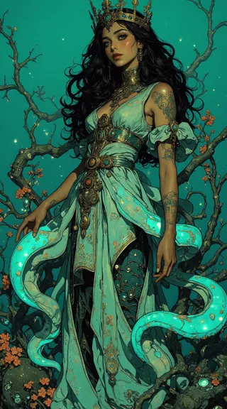 A Caribbean siren with flowing black hair and midnight-blue bioluminescent skin, wearing an ethereal seafoam gown adorned with coral diadems and oceanic beading, standing against a turquoise background with intertwined branches and small flowers.