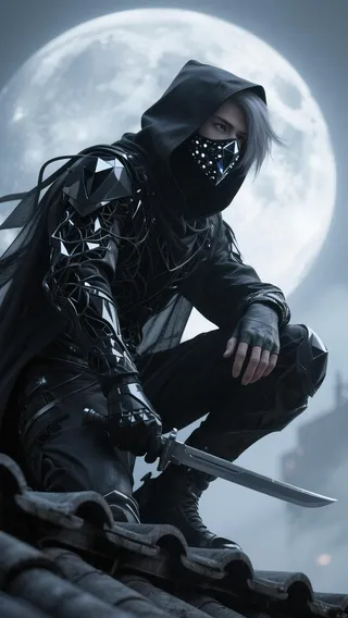 A cyber assassin clad in liquid matte black armor with fractal ribbons, crouching on a rooftop edge with a large glowing moon behind him, wearing a hood and a black obsidian mask, holding a dagger.