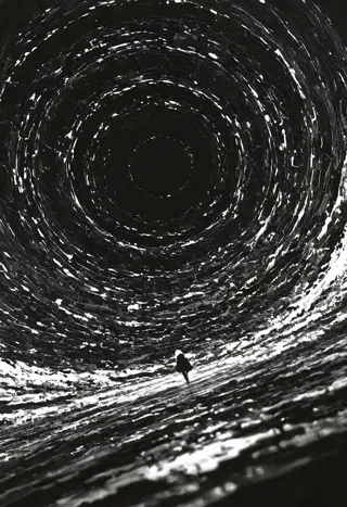 High contrast monochrome abstract spiral tunnel with a solitary girl walking inside, captured at a dutch angle with pixel art style.