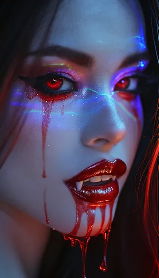 Close-up portrait of a pale vampire woman with glossy blood-red lips, sharp ivory fangs, red glowing eyes, and neon reflections on her face under low key lighting.