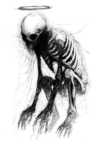 Black and white sketch of a skeletal humanoid figure crouching on all fours with a halo above its head, rendered with expressive cross-hatching and chaotic lines.