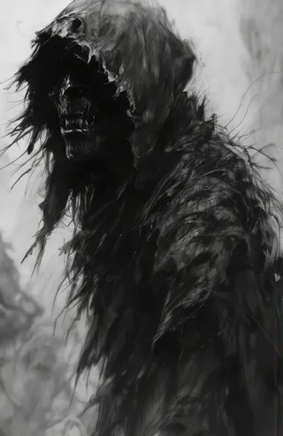 Black and white pencil drawing of a dark, menacing humanoid creature wearing tattered hooded clothing, with a grotesque toothy grin and shadowed eyes.