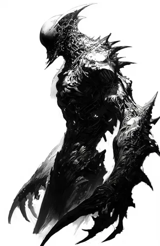 Black and white sketch of a futuristic humanoid creature with sleek helmet-like head and muscular armored body with large clawed appendages, detailed with three-dimensional shading.
