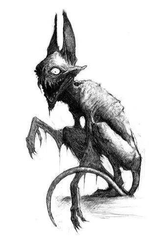 Black and white pencil drawing of a grotesque cat creature with large pointed ears, elongated face, wide toothy grin, single visible eye, and sinewy tail, crouching with a looming presence.