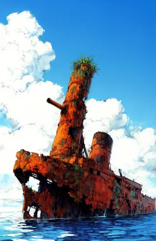 Rusted abandoned shipwreck floating in a calm sea under a bright blue sky with fluffy clouds, featuring a tall smokestack with plants and a protruding cannon.