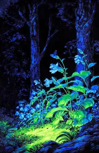 A dark mystical forest at night illuminated by glowing blue and green bioluminescent plants, vibrant leaves, and a small blue butterfly perched on a flower.
