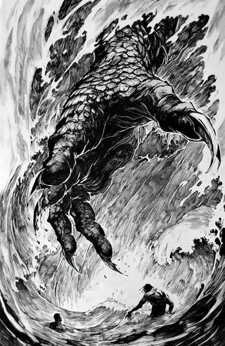 Black and white ink drawing of a massive clawed hand with textured scales and sharp claws emerging from turbulent swirling water, surrounded by waves and smaller human figures in the water.